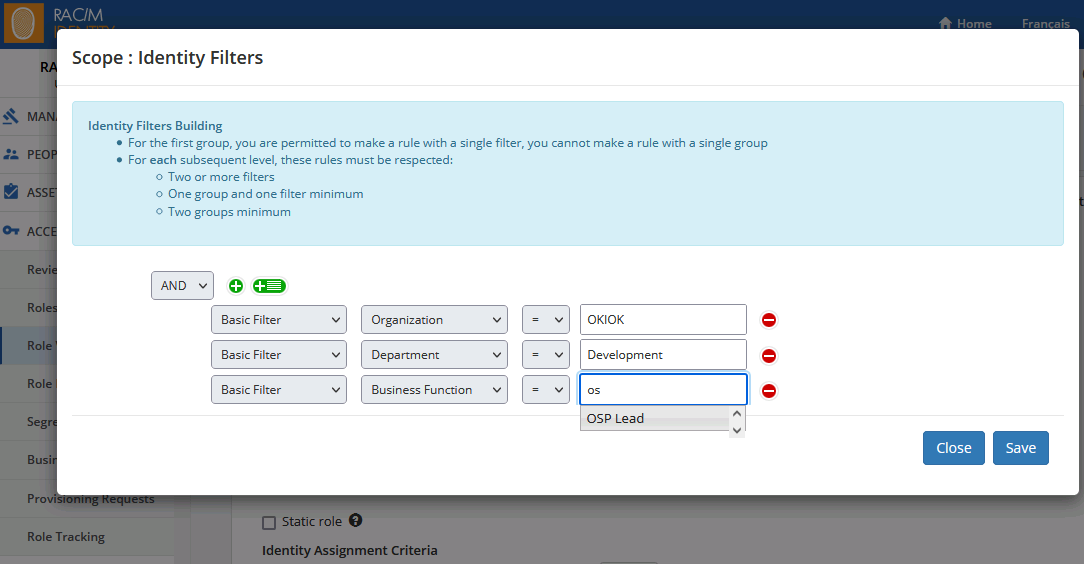Using a business function in an identity filter