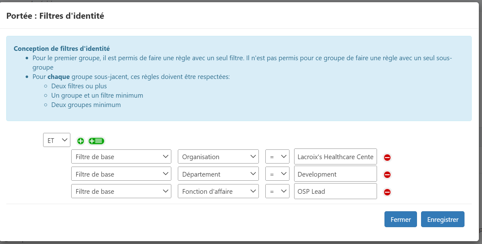 Utilisation d'une fonction supplémentaire dans un filtre d'identité