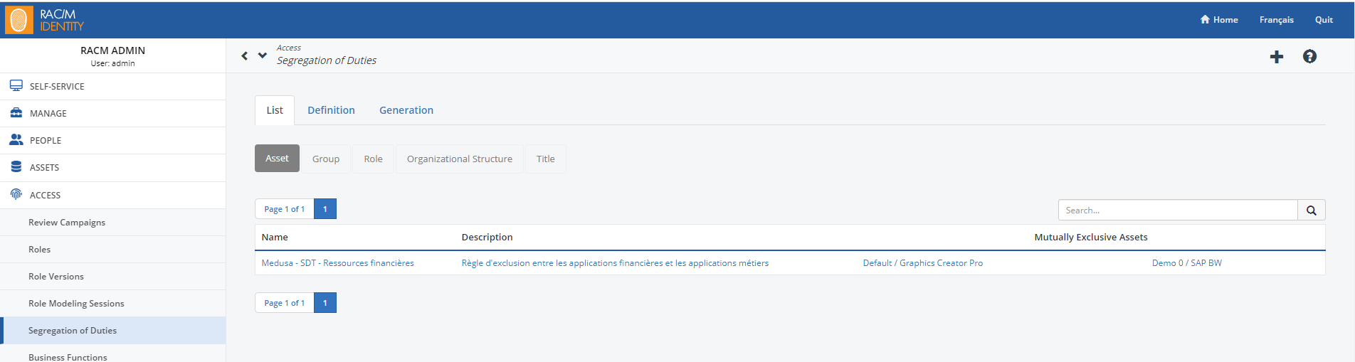 Segregation of Duties page, list of rules related to assets