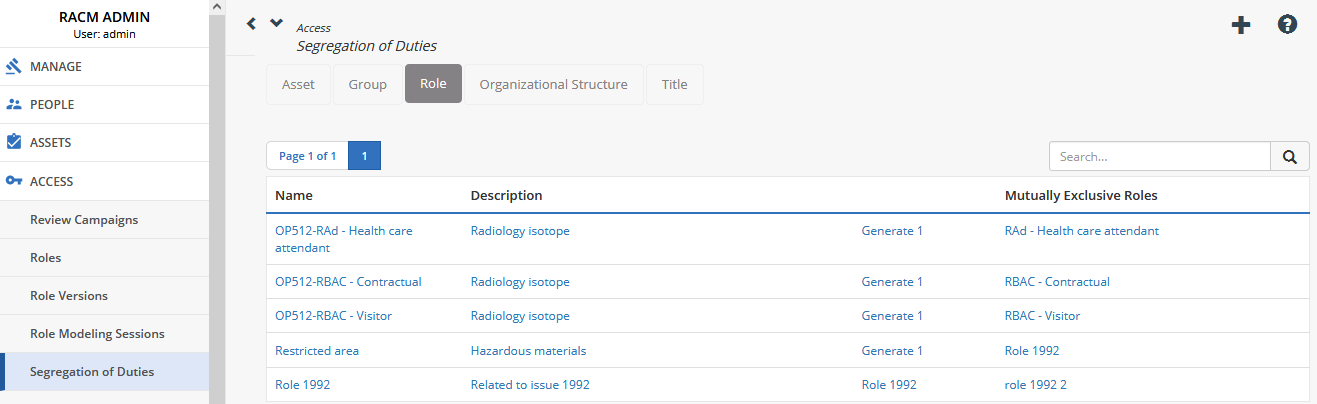 Segregation of Duties Details page, list of roles