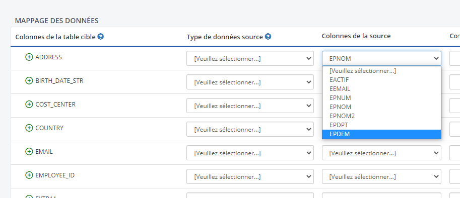 Mappage des champs à partir d'un fichier CSV