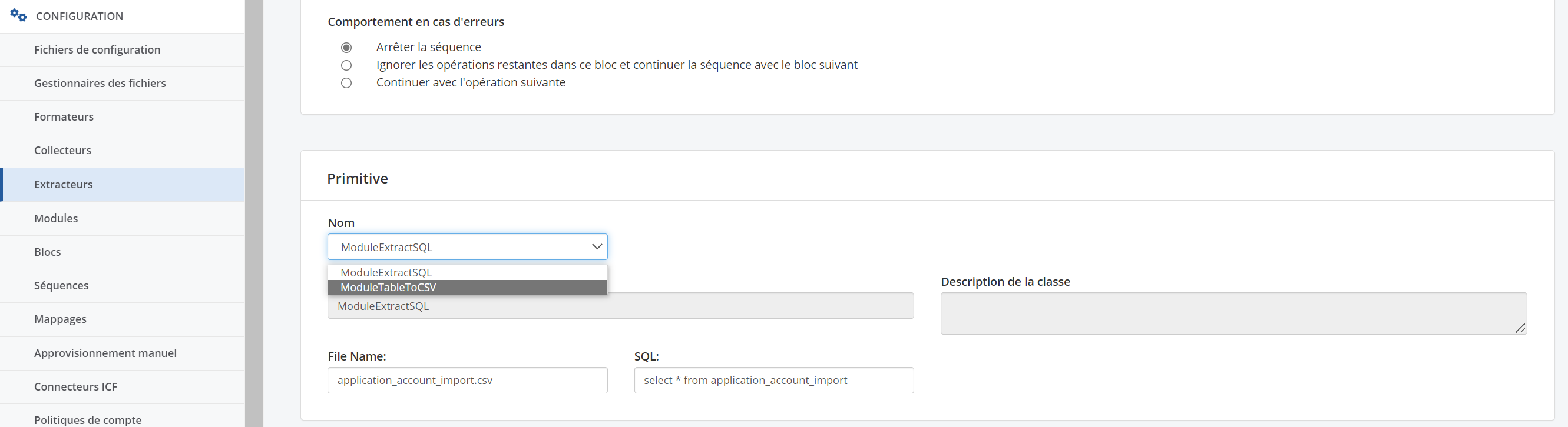 Sélection du module d'extraction