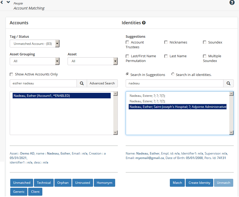 Matching an account to an identity