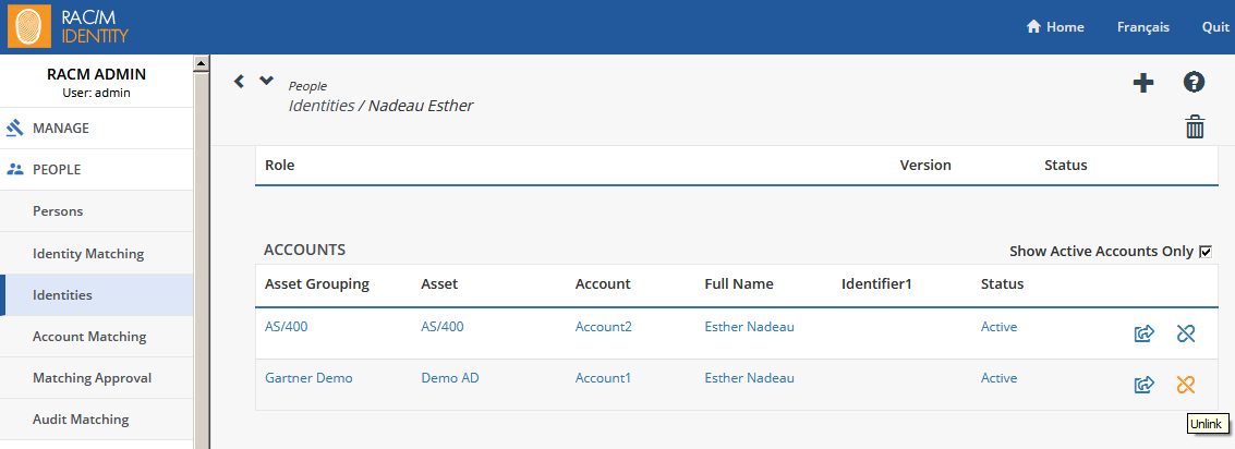 Unmatching an account from an identity