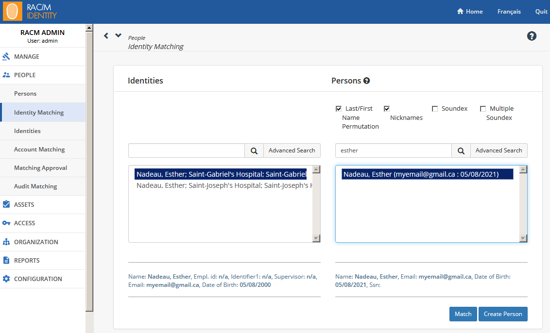 The Identity Matching page