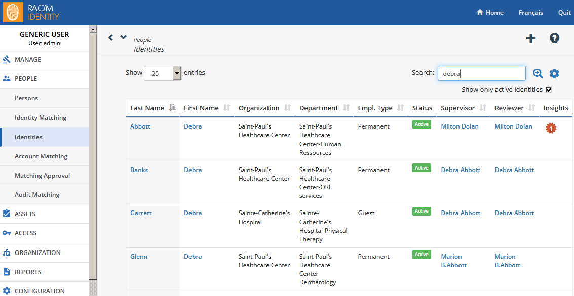 Example - the Identities selection page