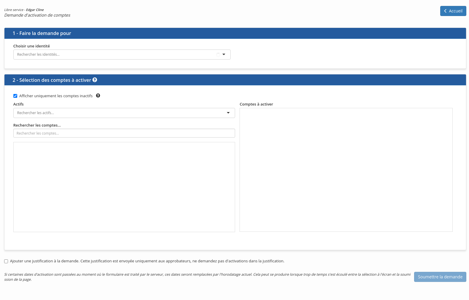 Le formulaire de demande d'activation de compte