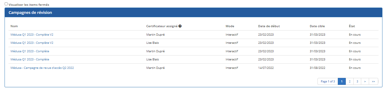 Liste des campagnes de révision